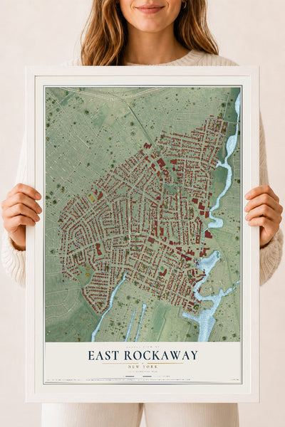 East Rockaway, New York map print, 18" x 24" W/ White Ayous Wood Frame mockup
