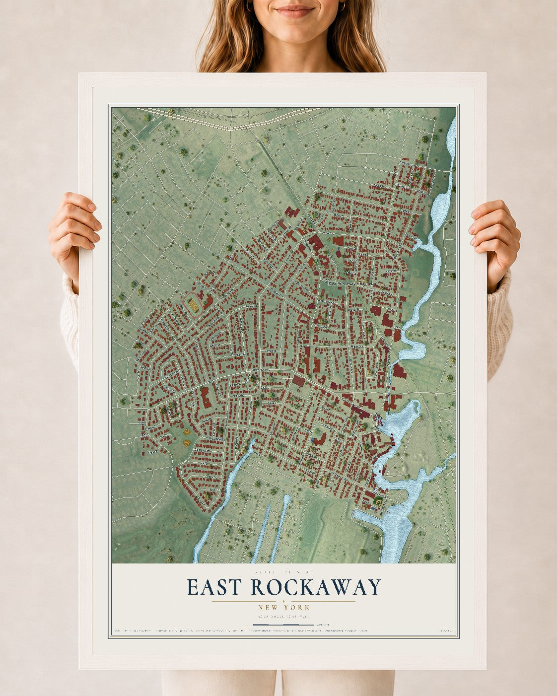 East Rockaway, New York map print, 24" x 36" W/ White Ayous Wood Frame mockup