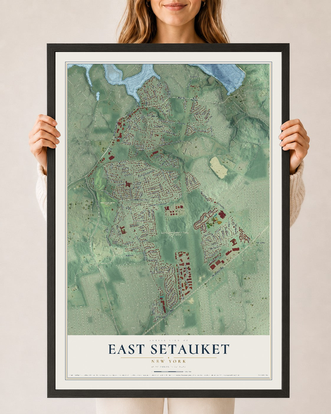 East Setauket, New York map print, 24" x 36" W/ Black Ayous Wood Frame mockup
