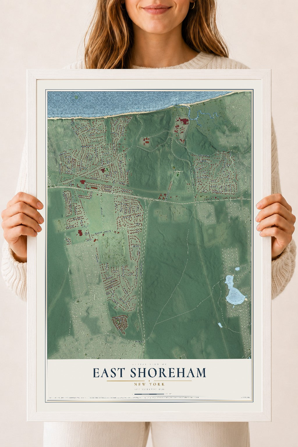 East Shoreham, New York map print, 18" x 24" W/ White Ayous Wood Frame mockup