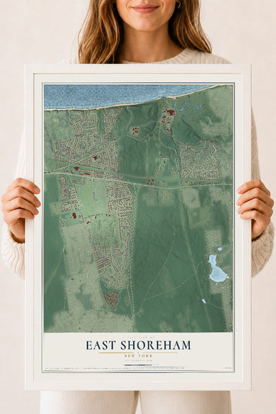 East Shoreham, New York map print, 18" x 24" W/ White Ayous Wood Frame mockup