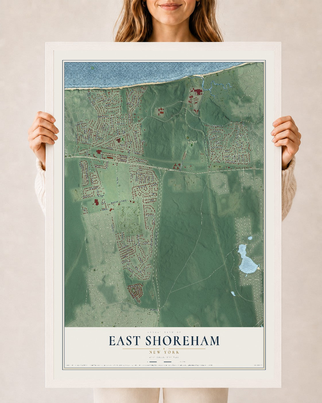 East Shoreham, New York map print, 24" x 36" W/ White Ayous Wood Frame mockup