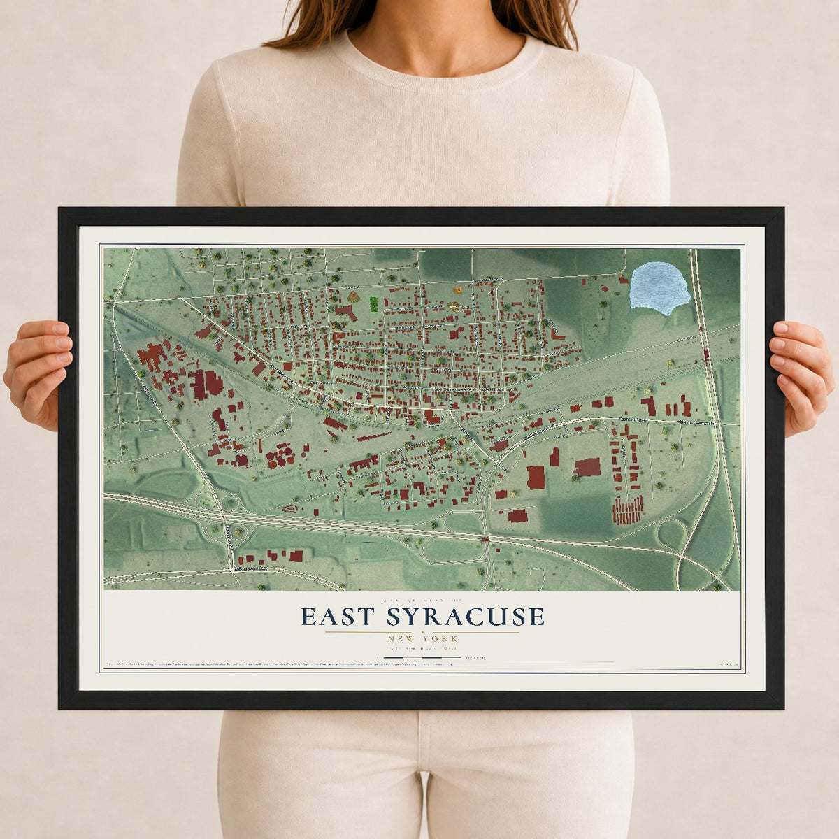 East Syracuse, New York map print, 12" x 18" W/ Black Ayous Wood Frame mockup