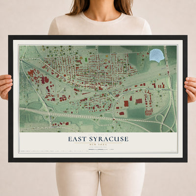 East Syracuse, New York map print, 18" x 24" W/ Black Ayous Wood Frame mockup