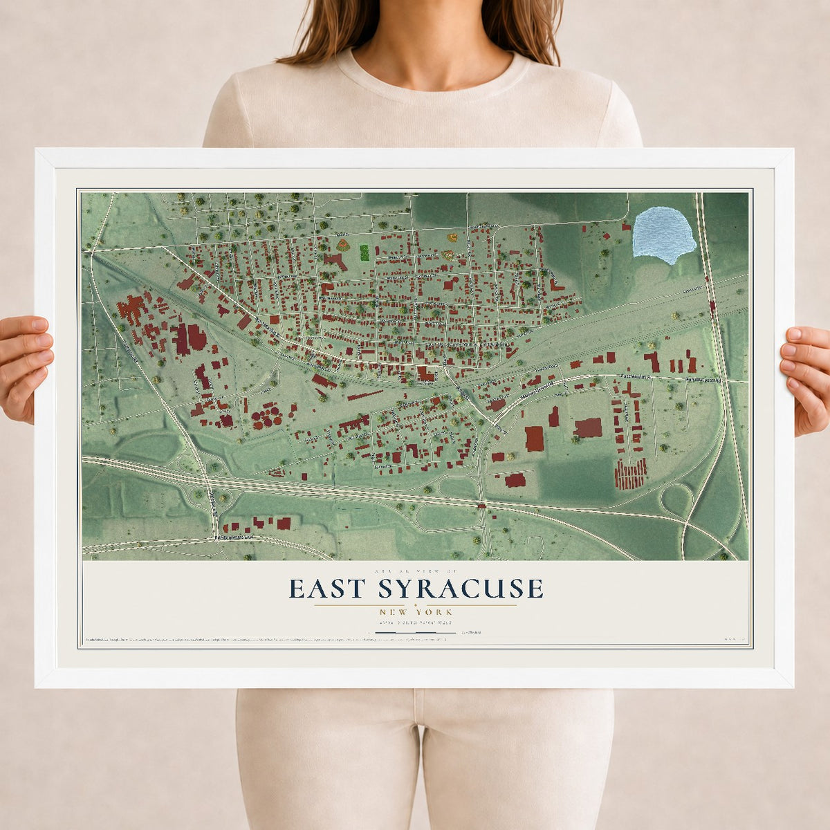 East Syracuse, New York map print, 18" x 24" W/ White Ayous Wood Frame mockup