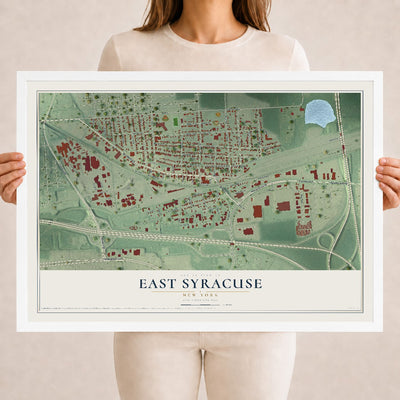 East Syracuse, New York map print, 18" x 24" W/ White Ayous Wood Frame mockup