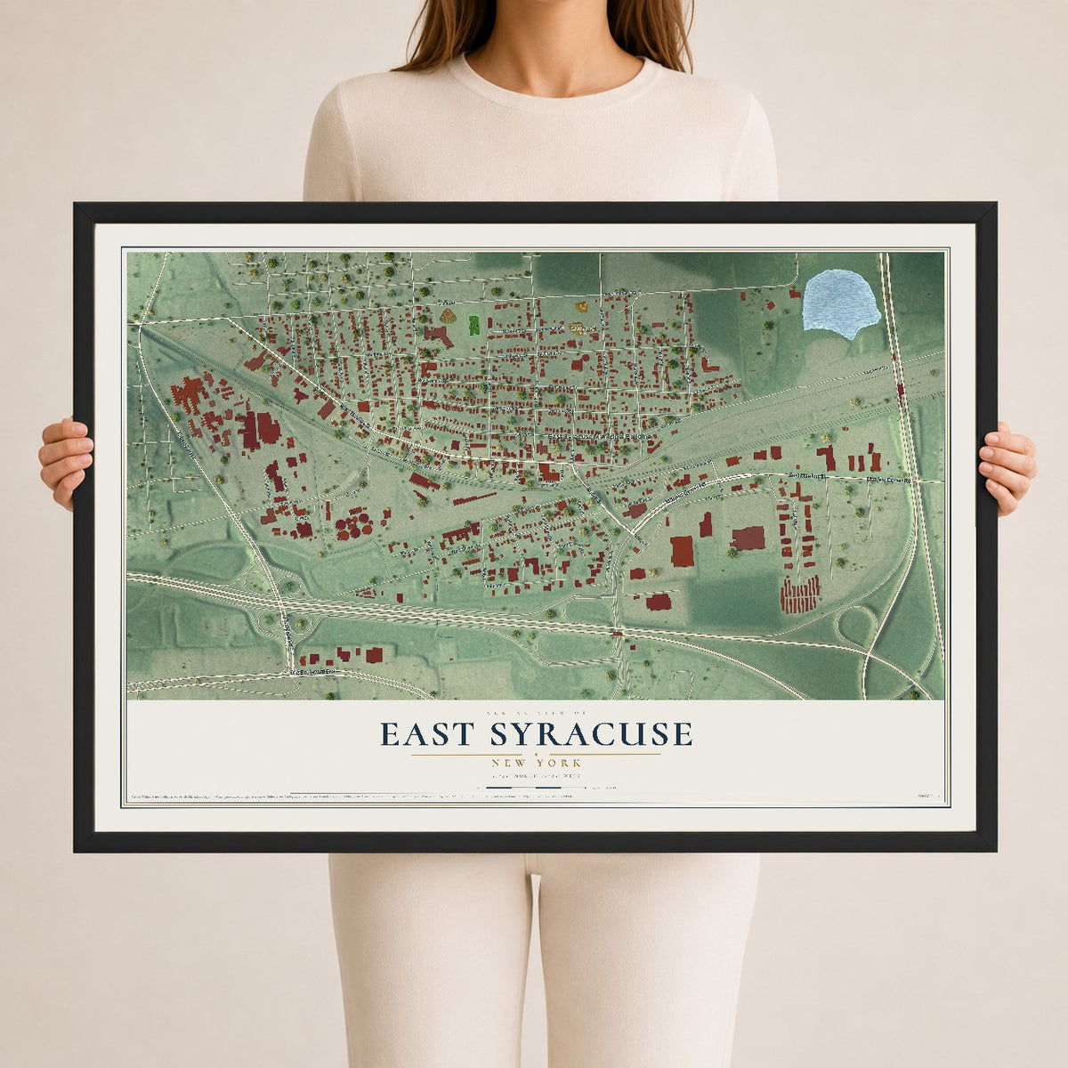 East Syracuse, New York map print, 24" x 36" W/ Black Ayous Wood Frame mockup