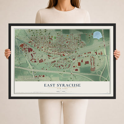 East Syracuse, New York map print, 24" x 36" W/ Black Ayous Wood Frame mockup