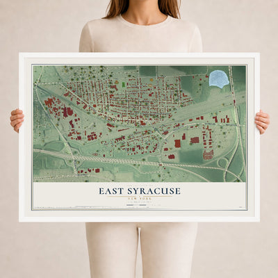 East Syracuse, New York map print, 24" x 36" W/ White Ayous Wood Frame mockup
