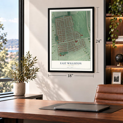 East Williston, New York map, 18 x 24 inch print in a black frame in a home office