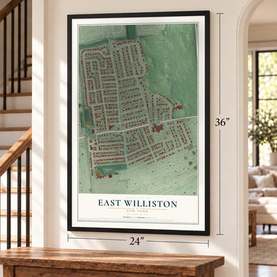 East Williston, New York map, 24 x 36 inch print in a black frame by a staircase