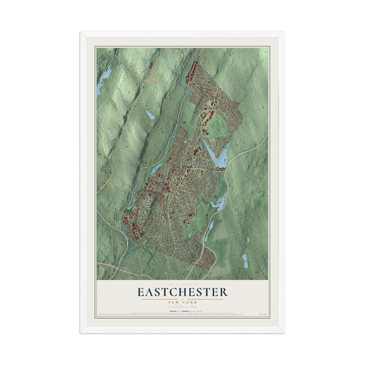 Eastchester, New York map print, 12" x 18" W/ White Ayous Wood Frame mockup