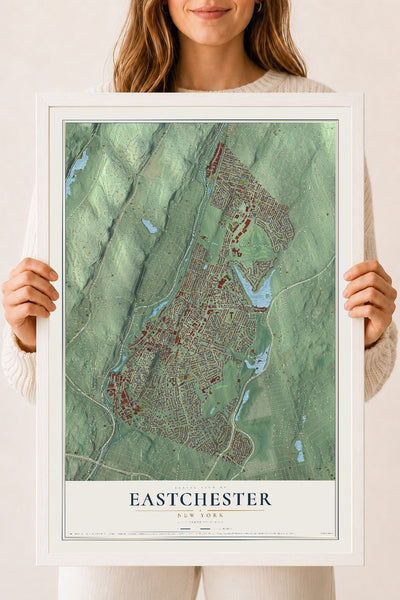 Eastchester, New York map print, 18" x 24" W/ White Ayous Wood Frame mockup