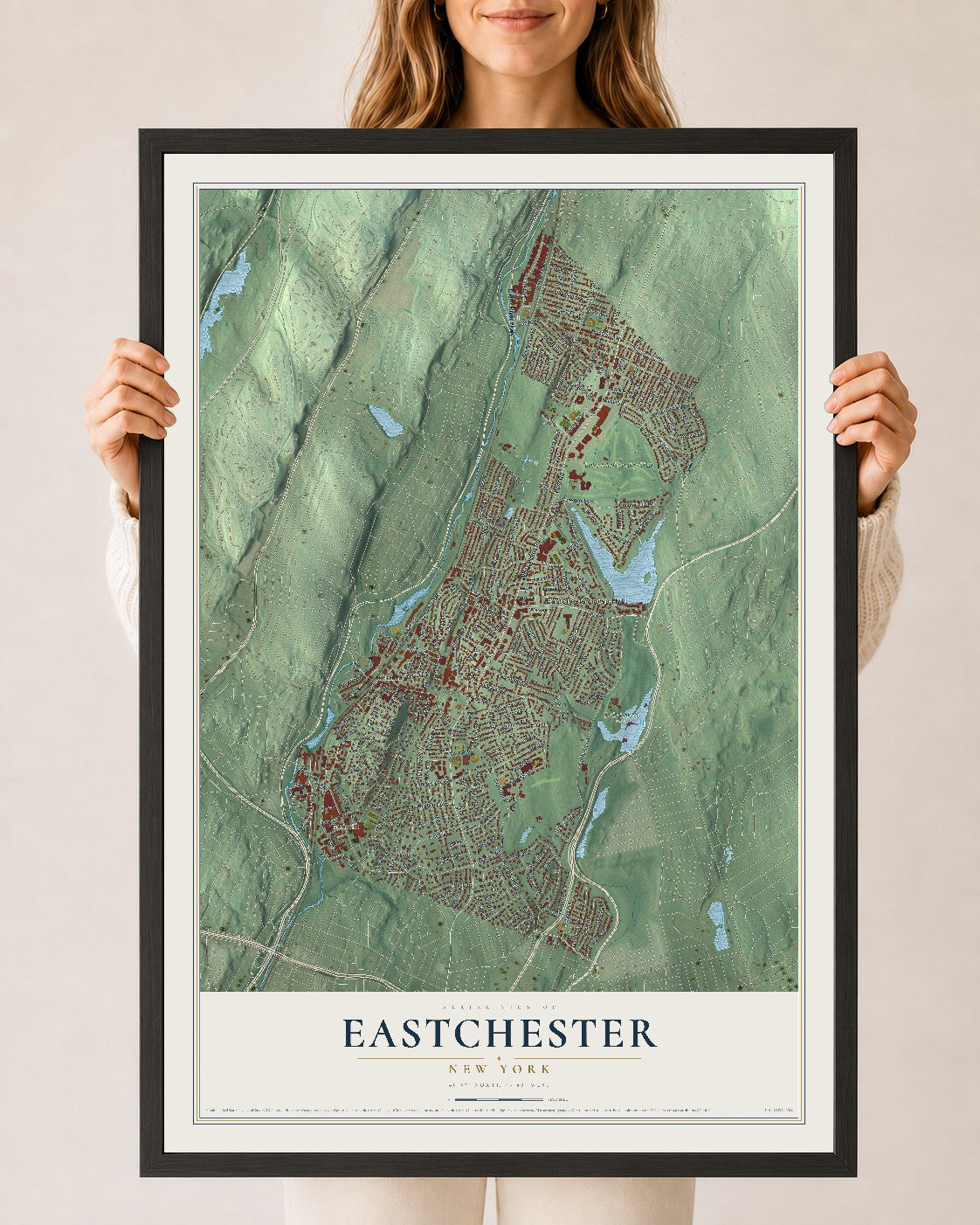 Eastchester, New York map print, 24" x 36" W/ Black Ayous Wood Frame mockup