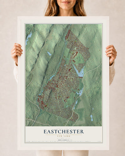Eastchester, New York map print, 24" x 36" W/ White Ayous Wood Frame mockup
