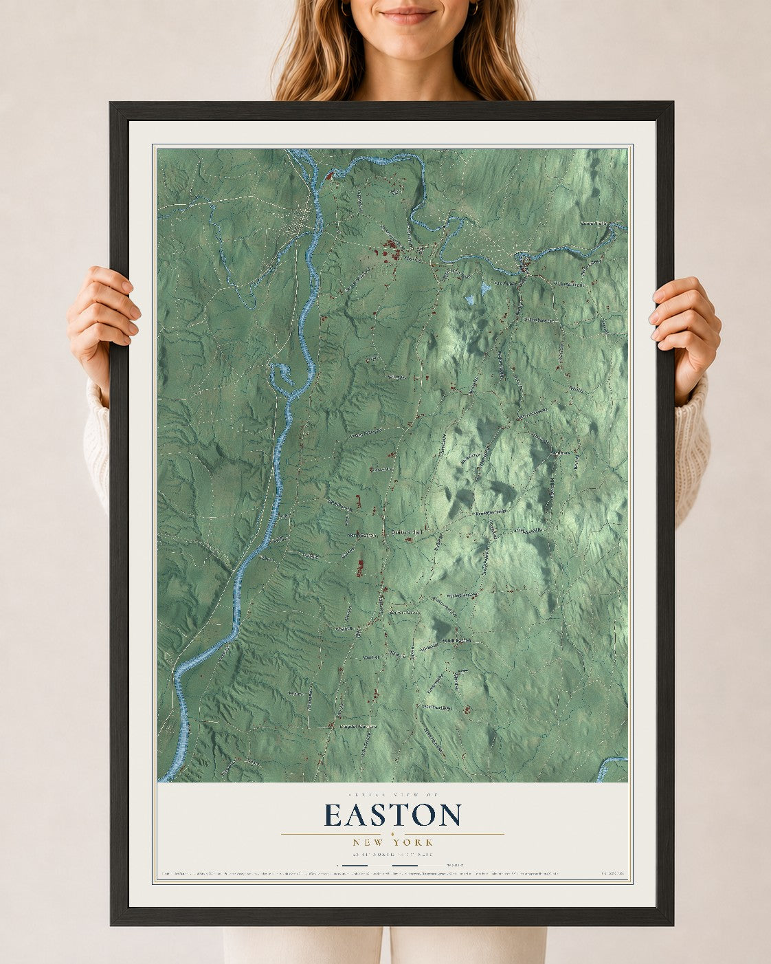 Easton, New York map print, 24" x 36" W/ Black Ayous Wood Frame mockup