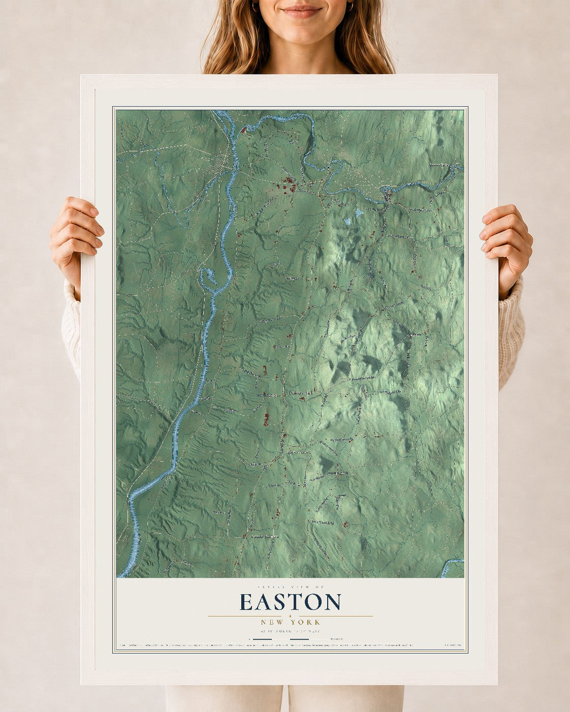 Easton, New York map print, 24" x 36" W/ White Ayous Wood Frame mockup