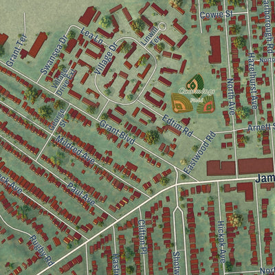 Close-up of the map of Eastwood, New York print showing street and building detail