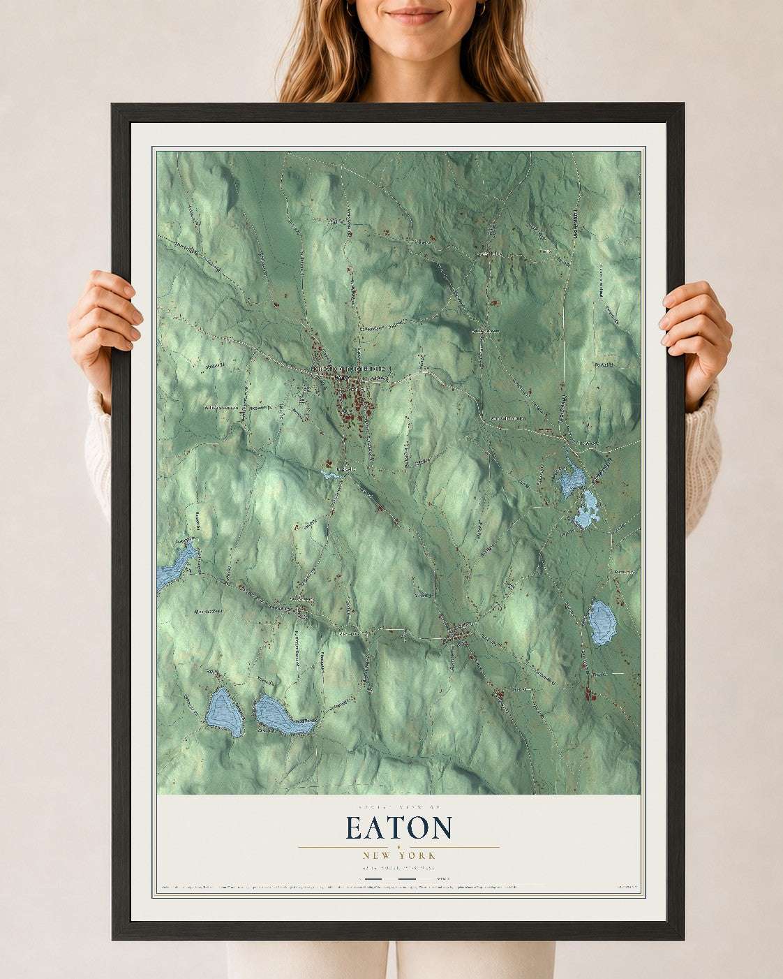 Eaton, New York map print, 24" x 36" W/ Black Ayous Wood Frame mockup