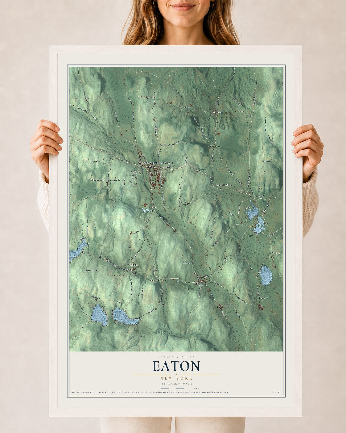 Eaton, New York map print, 24" x 36" W/ White Ayous Wood Frame mockup
