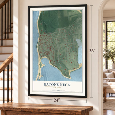 Eatons Neck, New York map, 24 x 36 inch print in a black frame by a staircase