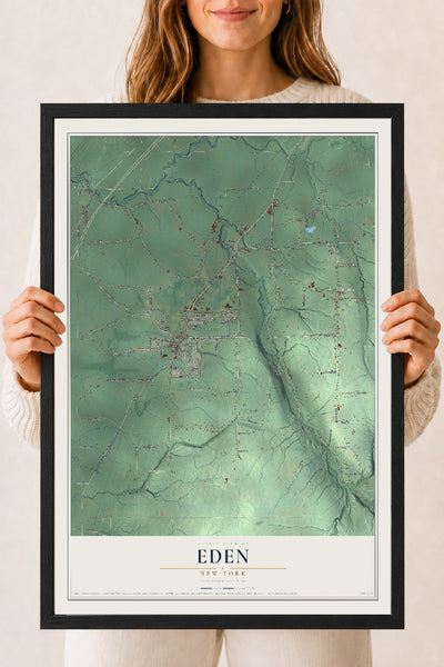 Eden, New York map print, 18" x 24" W/ Black Ayous Wood Frame mockup