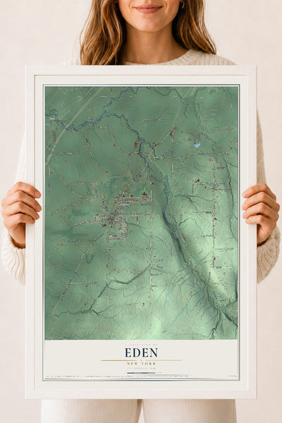 Eden, New York map print, 18" x 24" W/ White Ayous Wood Frame mockup
