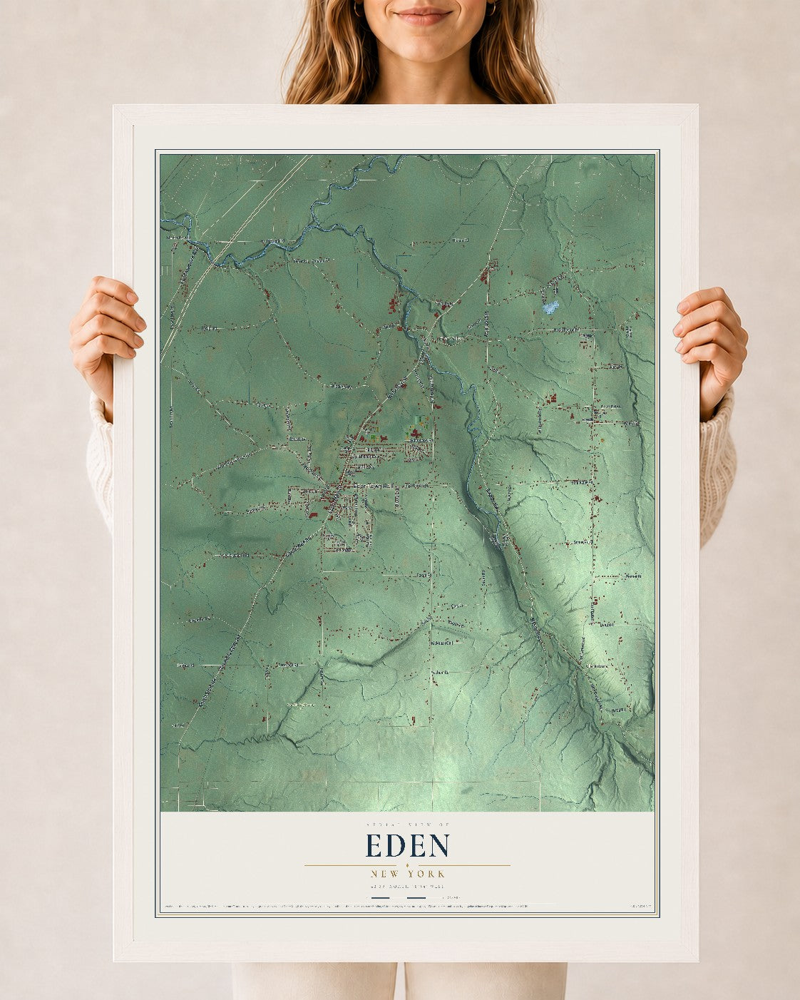 Eden, New York map print, 24" x 36" W/ White Ayous Wood Frame mockup