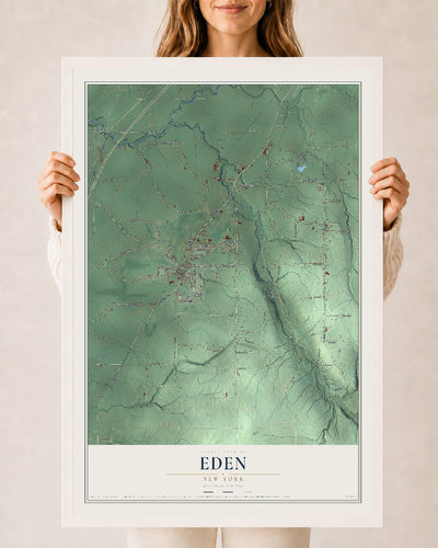 Eden, New York map print, 24" x 36" W/ White Ayous Wood Frame mockup