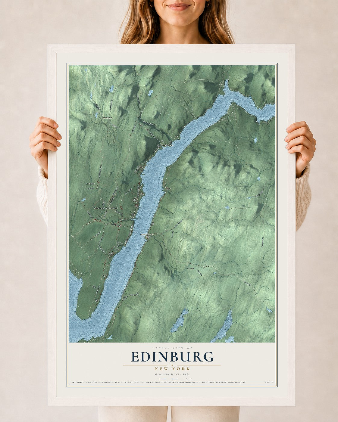 Edinburg, New York map print, 24" x 36" W/ White Ayous Wood Frame mockup