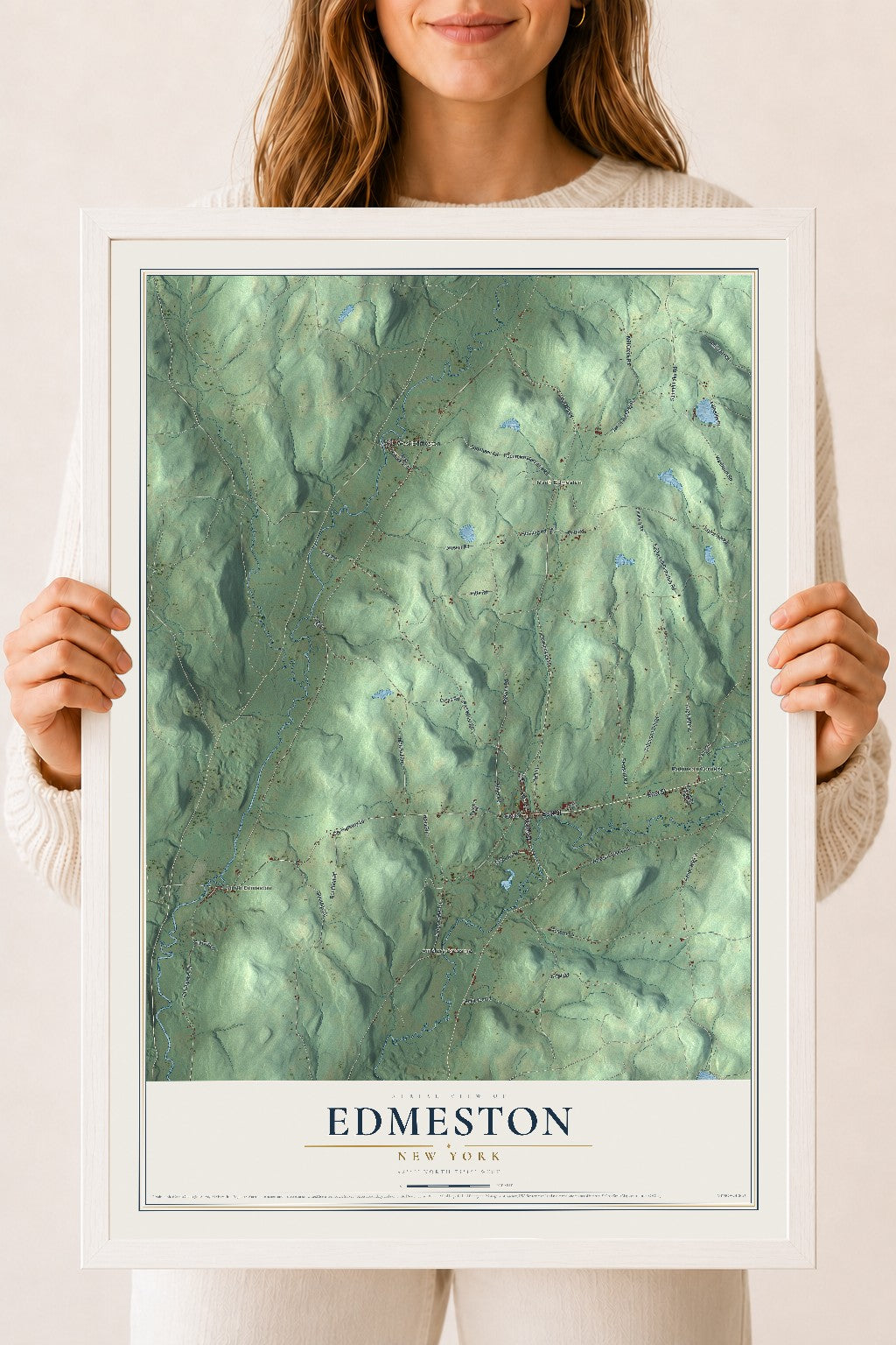 Edmeston, New York map print, 18" x 24" W/ White Ayous Wood Frame mockup