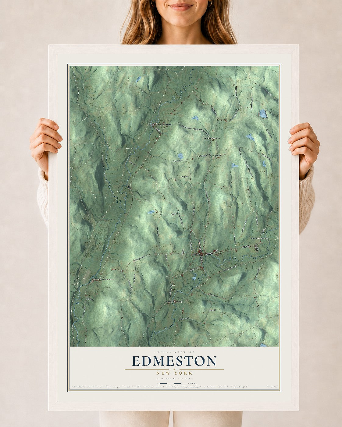 Edmeston, New York map print, 24" x 36" W/ White Ayous Wood Frame mockup