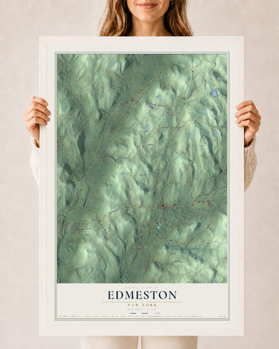 Edmeston, New York map print, 24" x 36" W/ White Ayous Wood Frame mockup