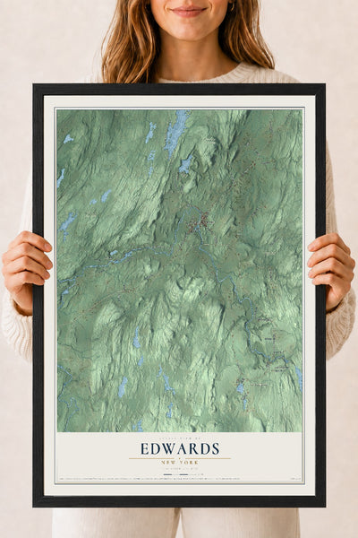 Edwards, New York map print, 18" x 24" W/ Black Ayous Wood Frame mockup