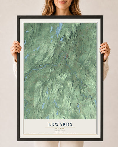 Edwards, New York map print, 24" x 36" W/ Black Ayous Wood Frame mockup