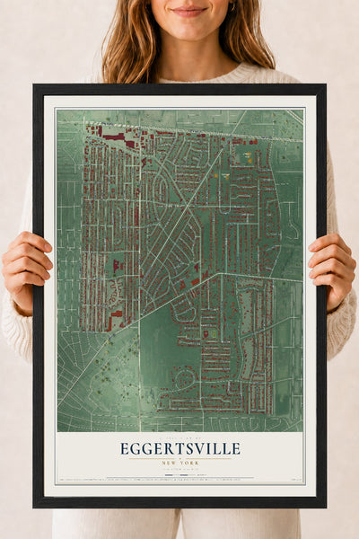 Eggertsville, New York map print, 18" x 24" W/ Black Ayous Wood Frame mockup