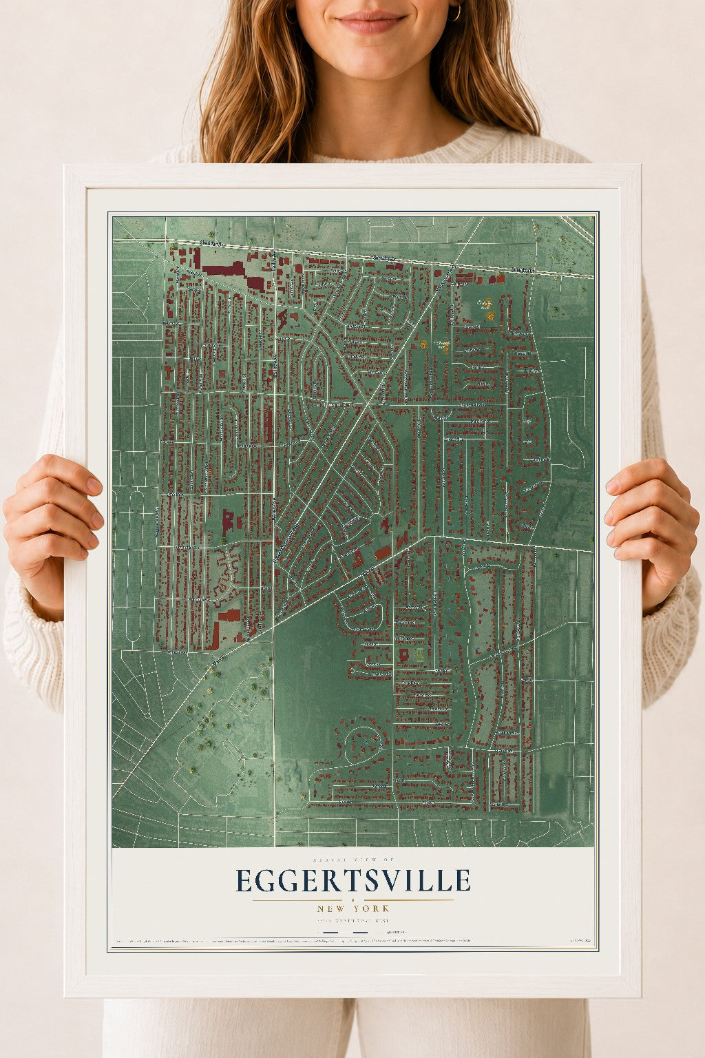 Eggertsville, New York map print, 18" x 24" W/ White Ayous Wood Frame mockup