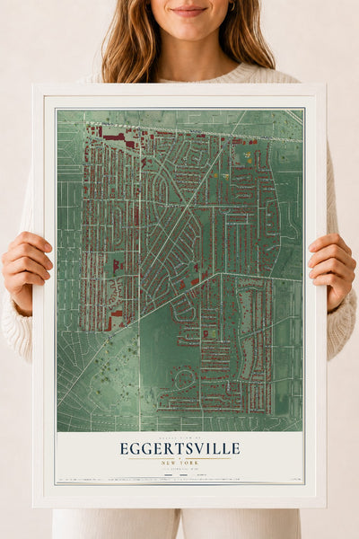 Eggertsville, New York map print, 18" x 24" W/ White Ayous Wood Frame mockup
