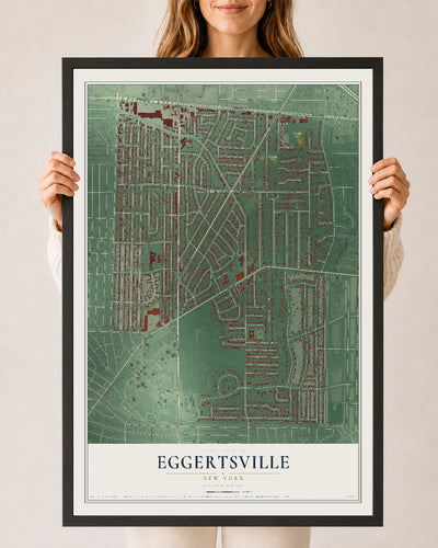 Eggertsville, New York map print, 24" x 36" W/ Black Ayous Wood Frame mockup