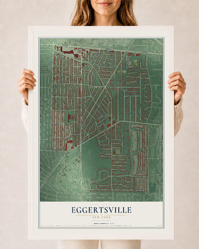 Eggertsville, New York map print, 24" x 36" W/ White Ayous Wood Frame mockup
