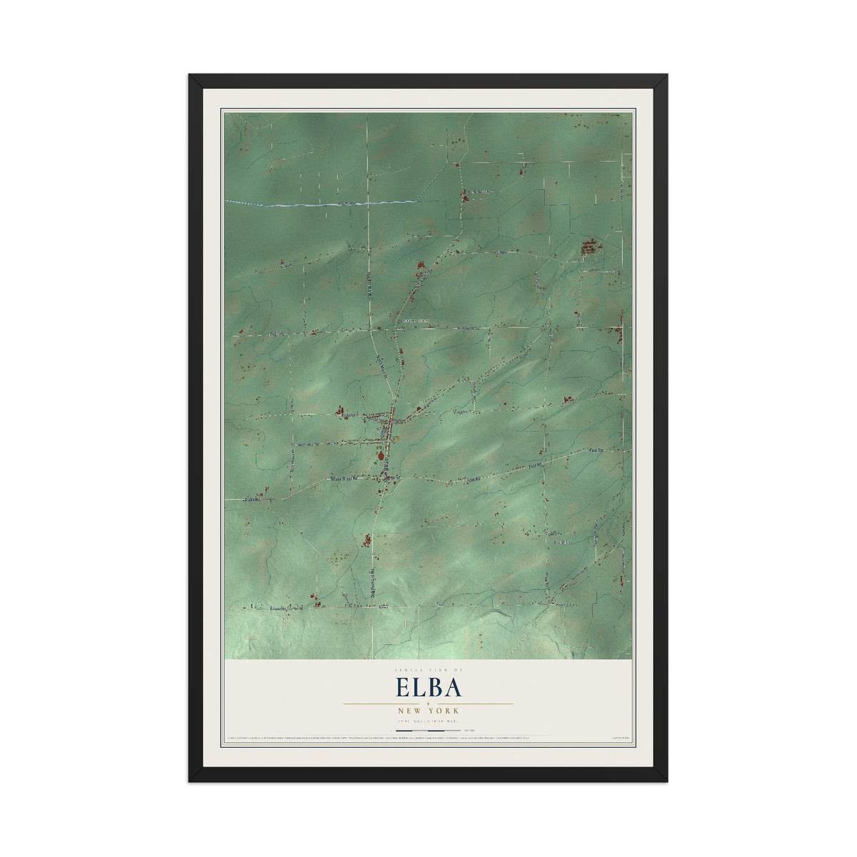 Elba, New York map print, 12" x 18" W/ Black Ayous Wood Frame mockup
