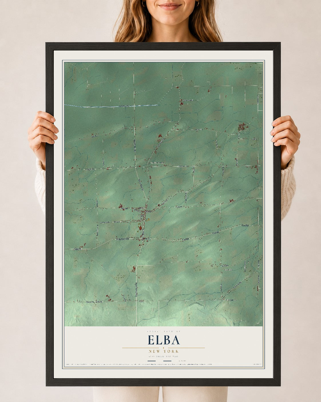Elba, New York map print, 24" x 36" W/ Black Ayous Wood Frame mockup