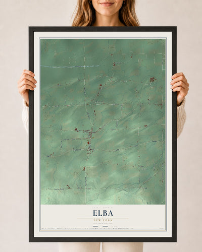 Elba, New York map print, 24" x 36" W/ Black Ayous Wood Frame mockup