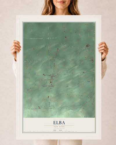 Elba, New York map print, 24" x 36" W/ White Ayous Wood Frame mockup