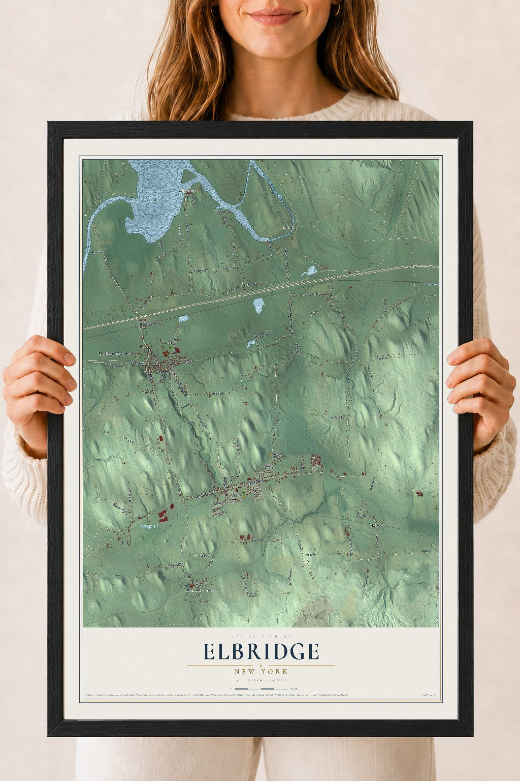 Elbridge, New York map print, 18" x 24" W/ Black Ayous Wood Frame mockup