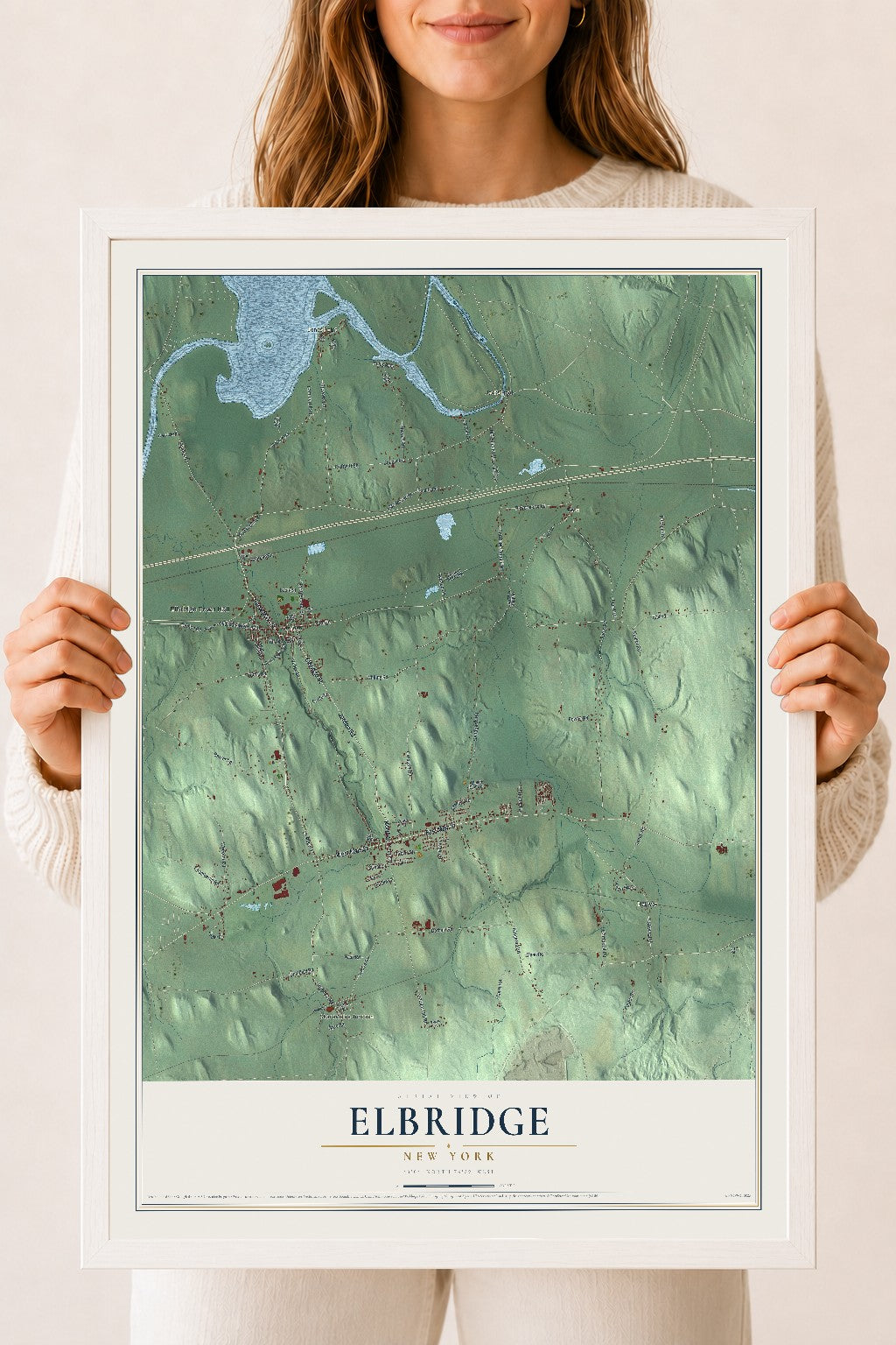 Elbridge, New York map print, 18" x 24" W/ White Ayous Wood Frame mockup