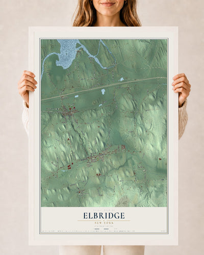 Elbridge, New York map print, 24" x 36" W/ White Ayous Wood Frame mockup