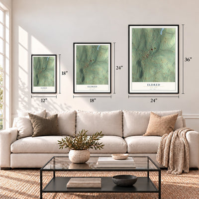 Eldred, New York map in 12 x 18, 18 x 24 and 24 x 36 inch sizes above a sofa
