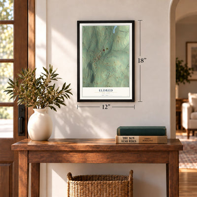 Eldred, New York map, 12 x 18 inch print in a black frame in an entryway