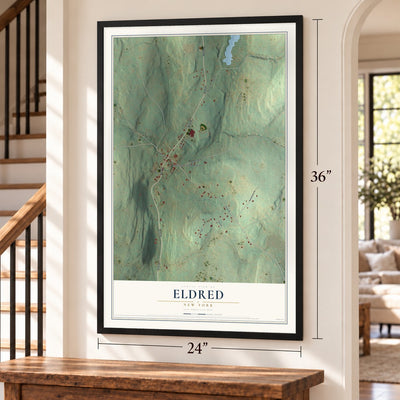 Eldred, New York map, 24 x 36 inch print in a black frame by a staircase